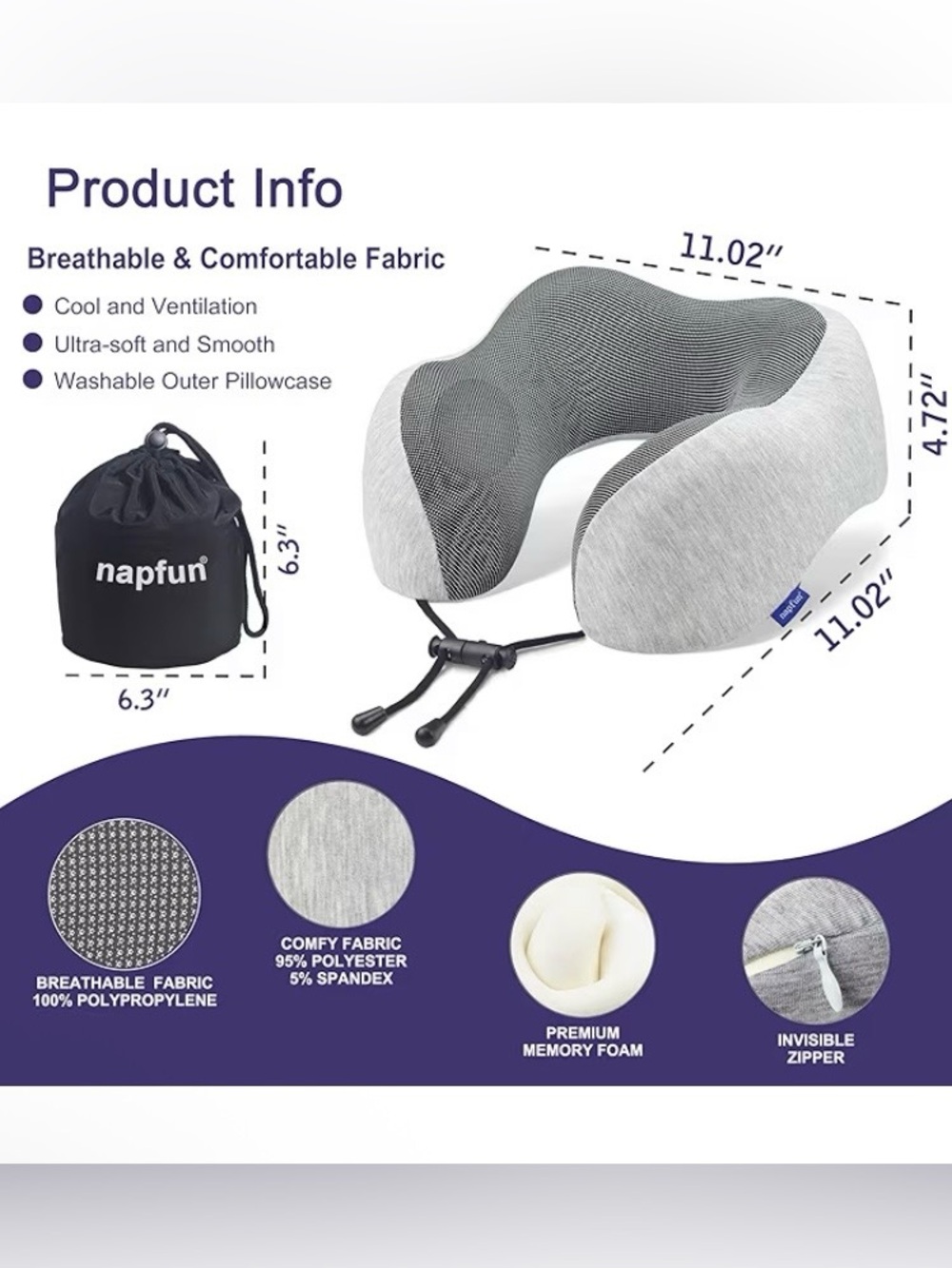 Gray Memory Foam Travel Neck Pillow with Breathable Cover